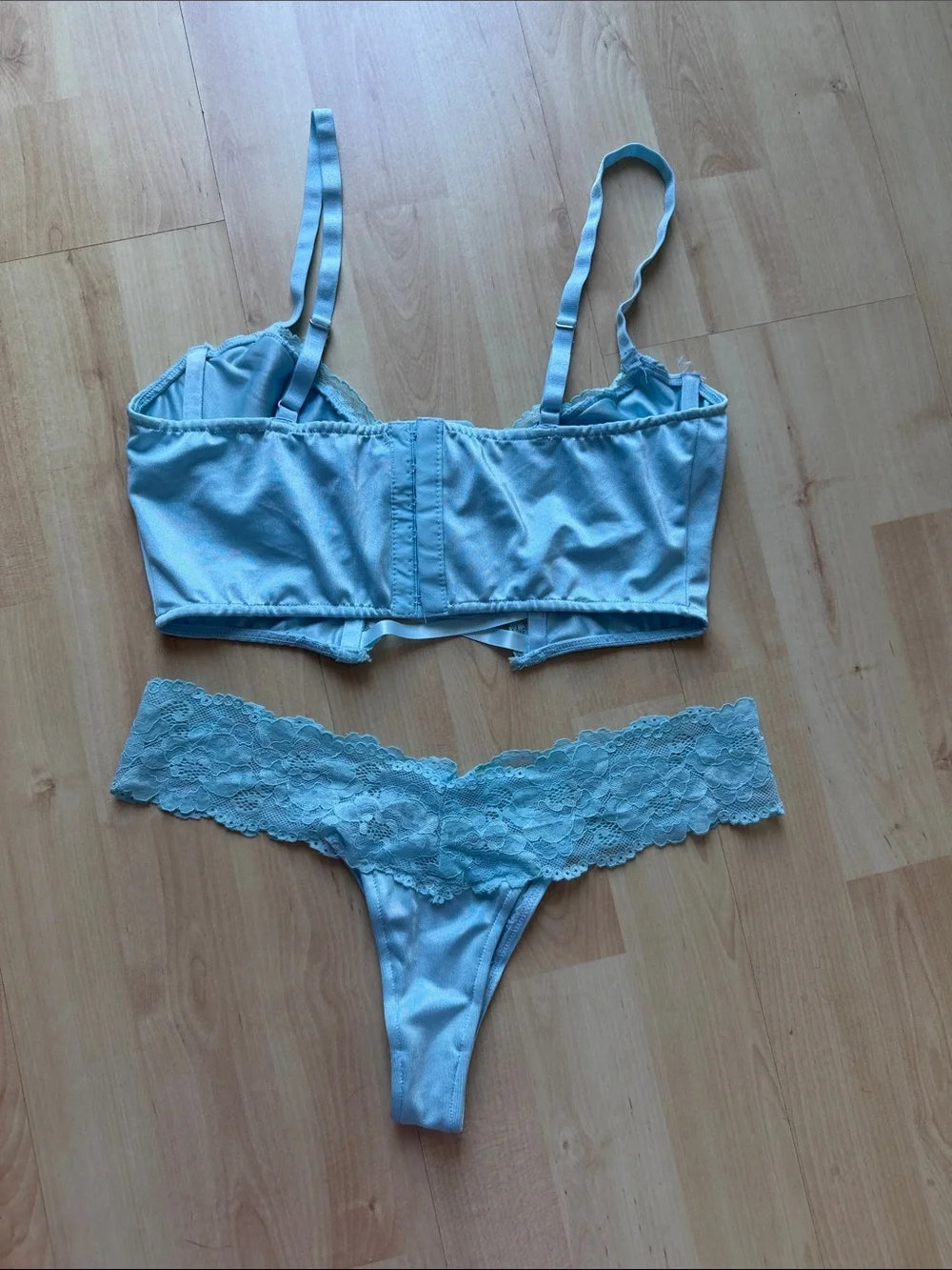 Light Blue Lace Trim Lingerie Set - Satin Bralette & Thong